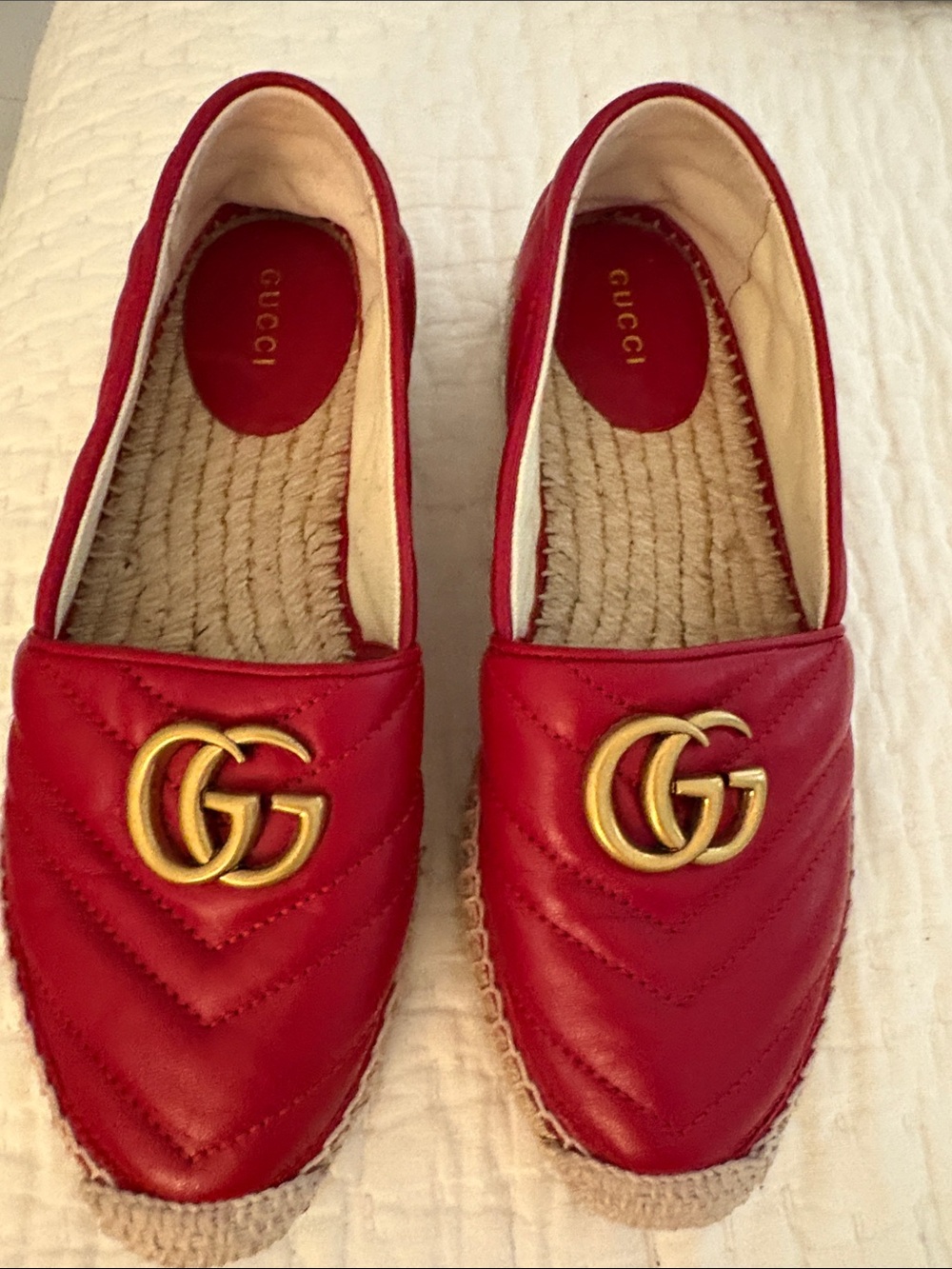 Gucci Red Quilted Leather Espadrille Flats with Gold Double G